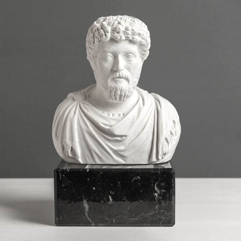 Marcus Aurelius Bookend Bust Sculpture on Black Marble Base