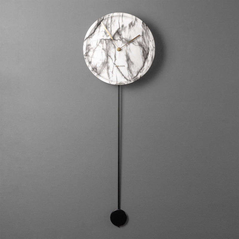 Pendulum Wall Clock – Designer Clock with White Marble Print "Pendule Longue"