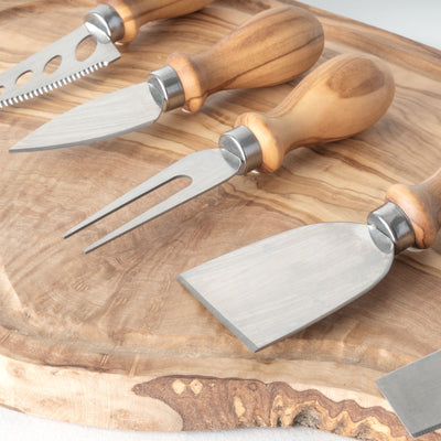 Handmade Olive Wood & Metal Cheese Knife Set (5-Piece)