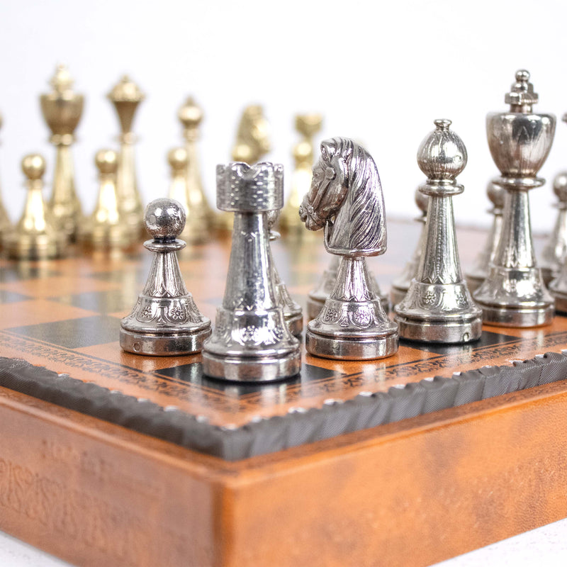 Metal Staunton Chess Set with Multifunction Leatherette Board by Italfama