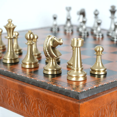 Staunton Brass Chess Set with Large Multifunction Leatherette Board by Italfama