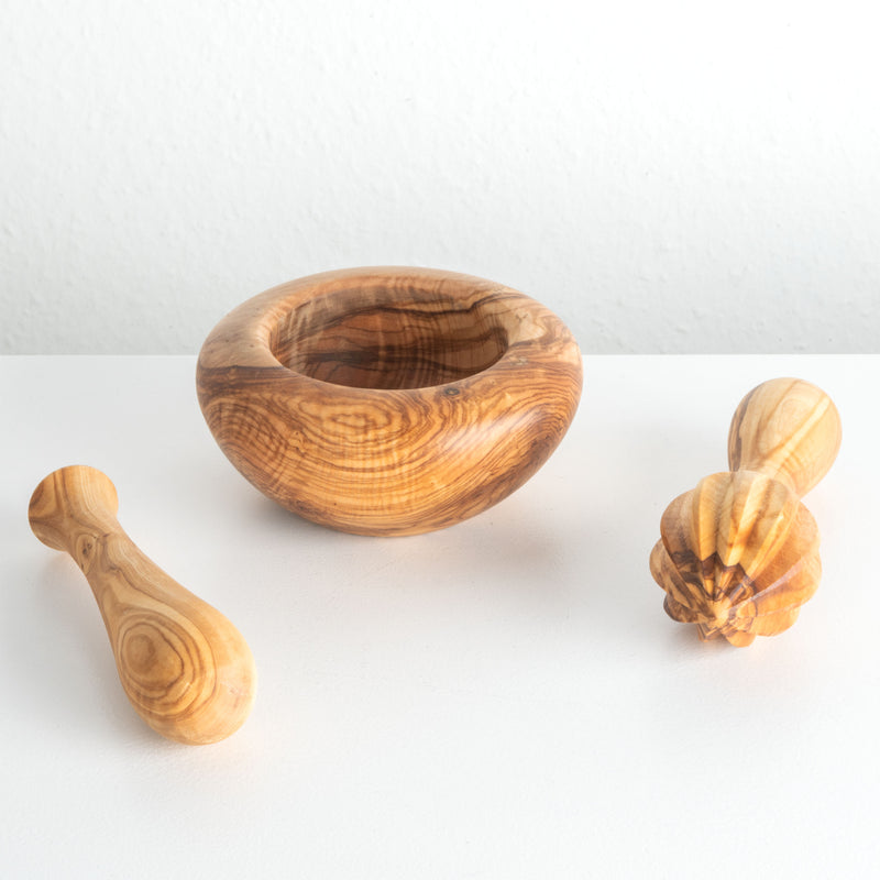 Handmade Olive Wood Culinary Essentials Set (Mortar & Lemon Squeezer)