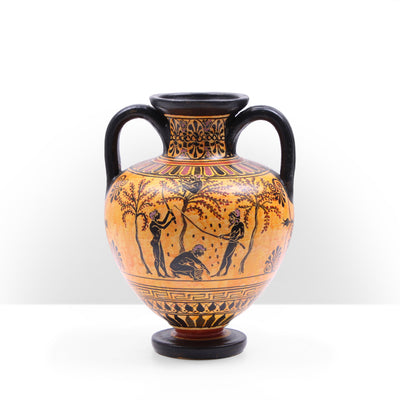 Black-Figure Greek Vase with Olive Harvesting Scene