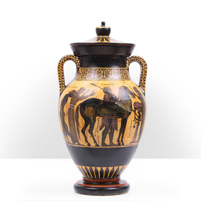 Black-Figure Greek Vase Urn with Mythological Scene (Greek Warriors)