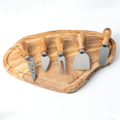 Handmade Olive Wood & Metal Cheese Knife Set (5-Piece)