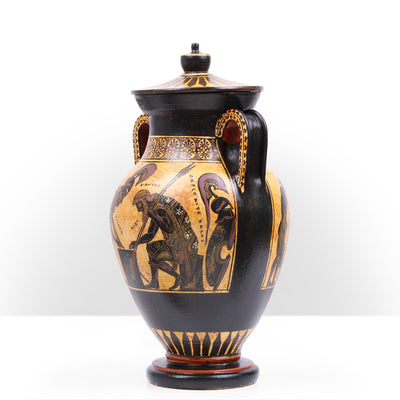 Black-Figure Greek Vase Urn with Mythological Scene (Greek Warriors)