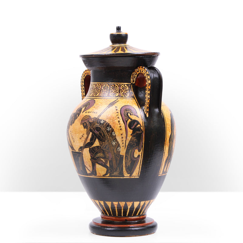 Black-Figure Greek Vase Urn with Mythological Scene (Greek Warriors)