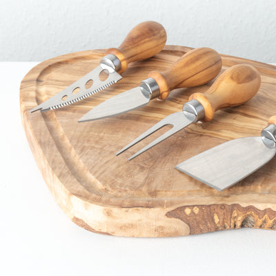 Handmade Olive Wood & Metal Cheese Knife Set (5-Piece)