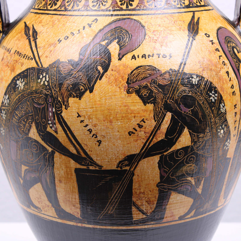 Black-Figure Greek Vase Urn with Mythological Scene (Greek Warriors)