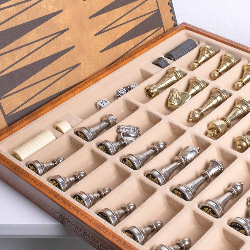Metal Staunton Chess Set with Multifunction Leatherette Board by Italfama