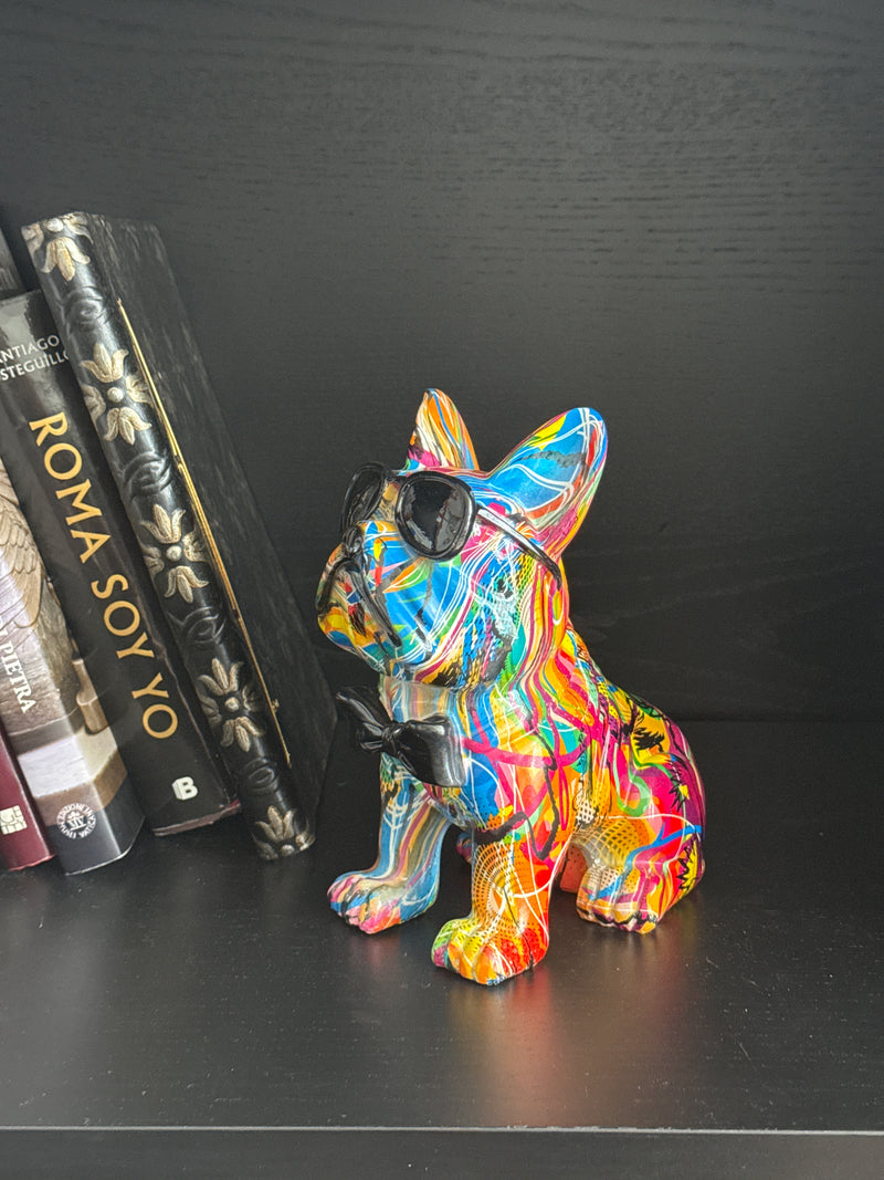 Pop Art Bulldog Statue with Bowtie (Graffiti Style Sculpture)