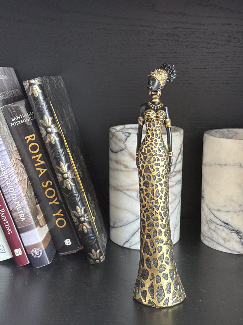 African Woman Statue in Elegant Leopard Dress