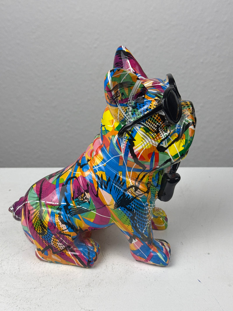 Pop Art Bulldog Statue with Bowtie (Graffiti Style Sculpture)