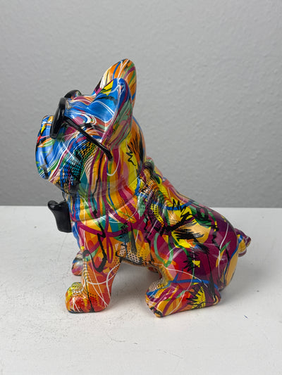 Pop Art Bulldog Statue with Bowtie (Graffiti Style Sculpture)