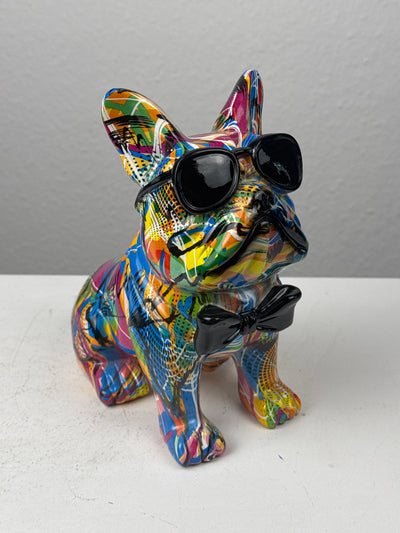 Pop Art Bulldog Statue with Bowtie (Graffiti Style Sculpture)