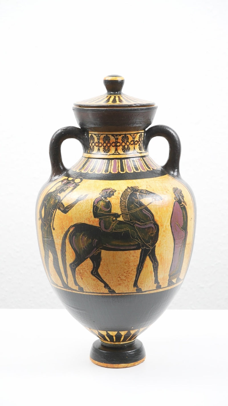 Black-Figure Greek Vase Urn with Mythological Scene (Greek Warriors)