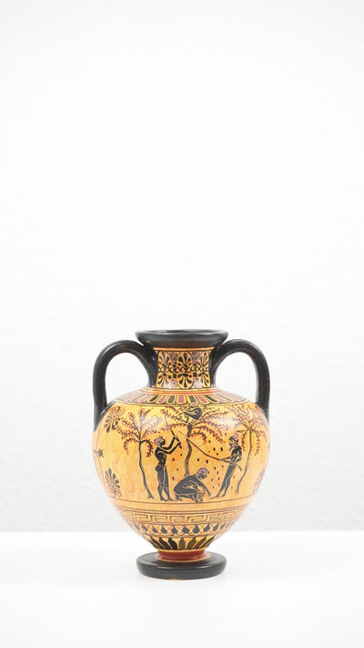 Black-Figure Greek Vase with Olive Harvesting Scene