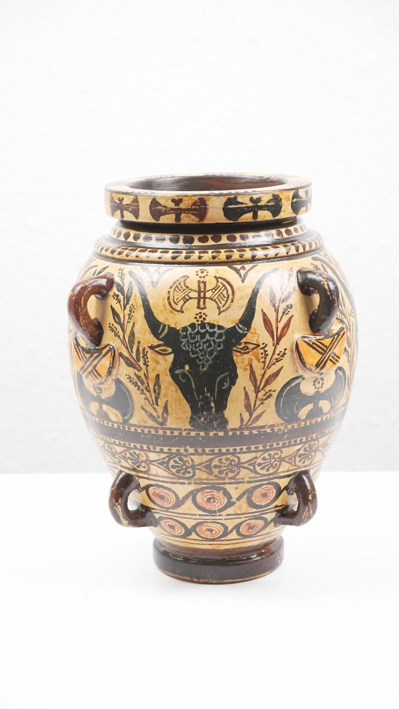 Greek Cretan Vase with Minoan Bull-Axe & Foliage Pattern