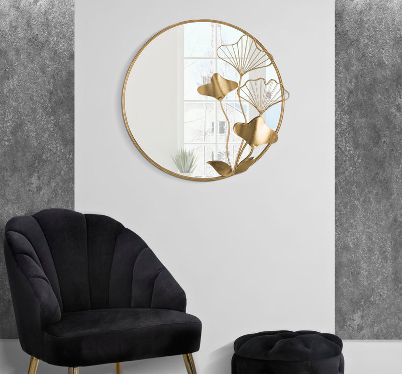 Gold Framed Round Mirror with Leaves & Flower Design