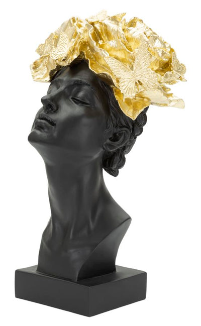 Female Bust Sculpture with Butterflies (Black & Gold Modern Glam Resin Statue)