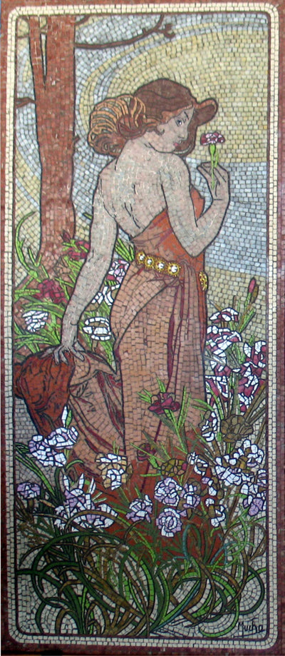 Lady with Flowers Contemporary Mosaic (Left) by Mucha
