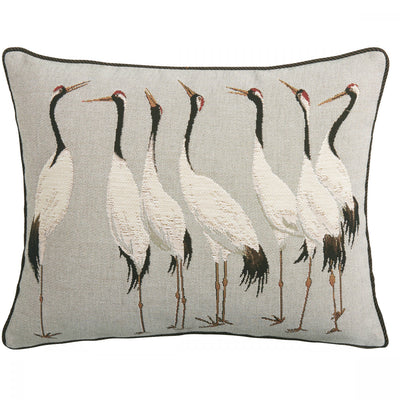Cushion with Seven White Cranes on gray background