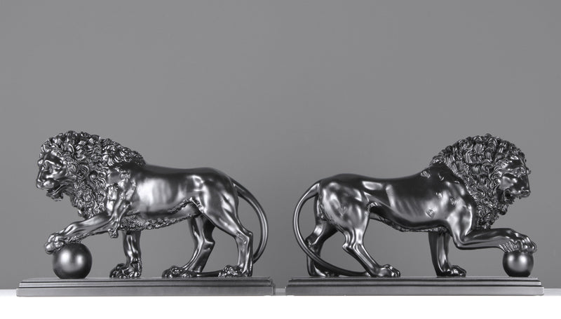 Black Medici Lion Statues on Base (in Pair)